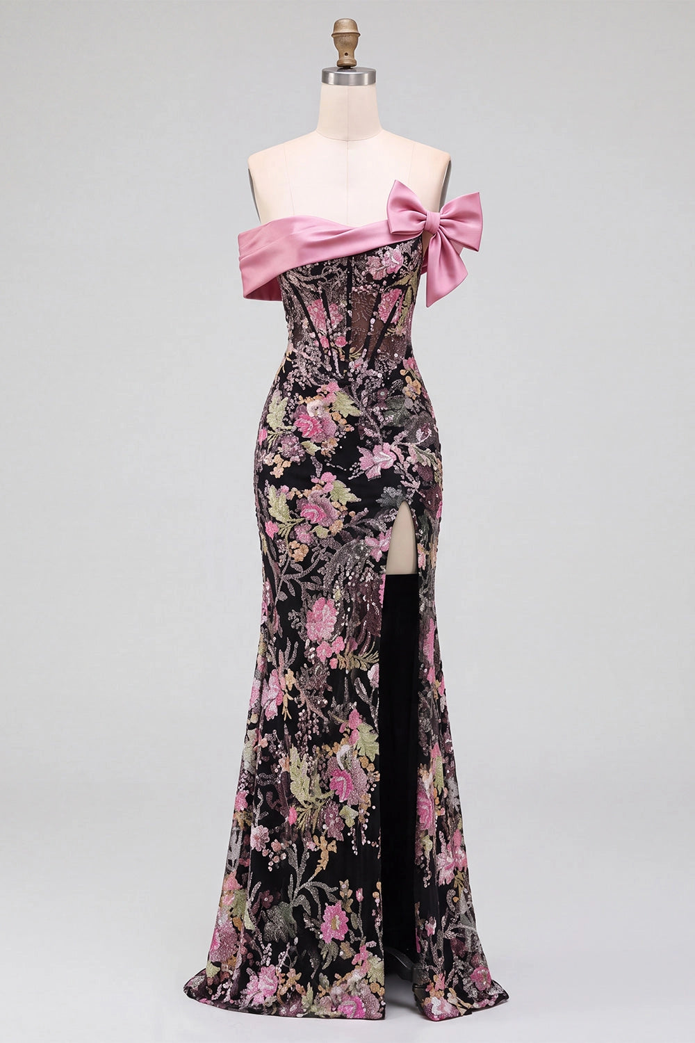 Elegant Mermaid Off Shoulder Bow Detail Zipper Back High Slit Floor-Length Prom Dress