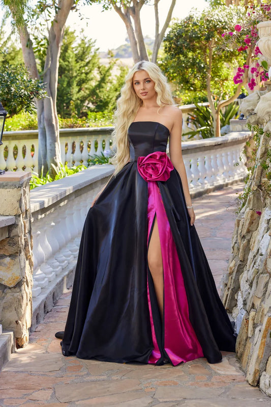 Loverlm black and fuchsia prom dress with strapless bodice statement rose front slit and full A-line skirt