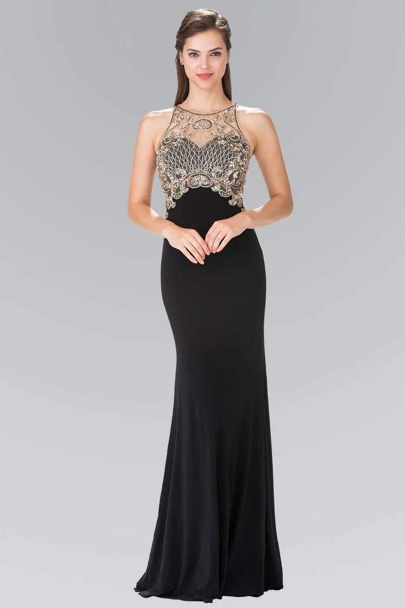 Loverlm black gold embellished high-neck floor-length evening dress front view