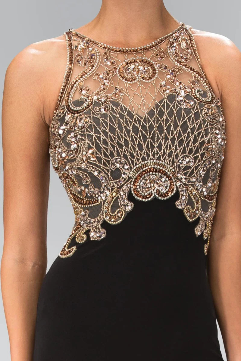 Glamorous Mermaid High-Neck Sleeveless Illusion-Back Floor-Length Evening Dress
