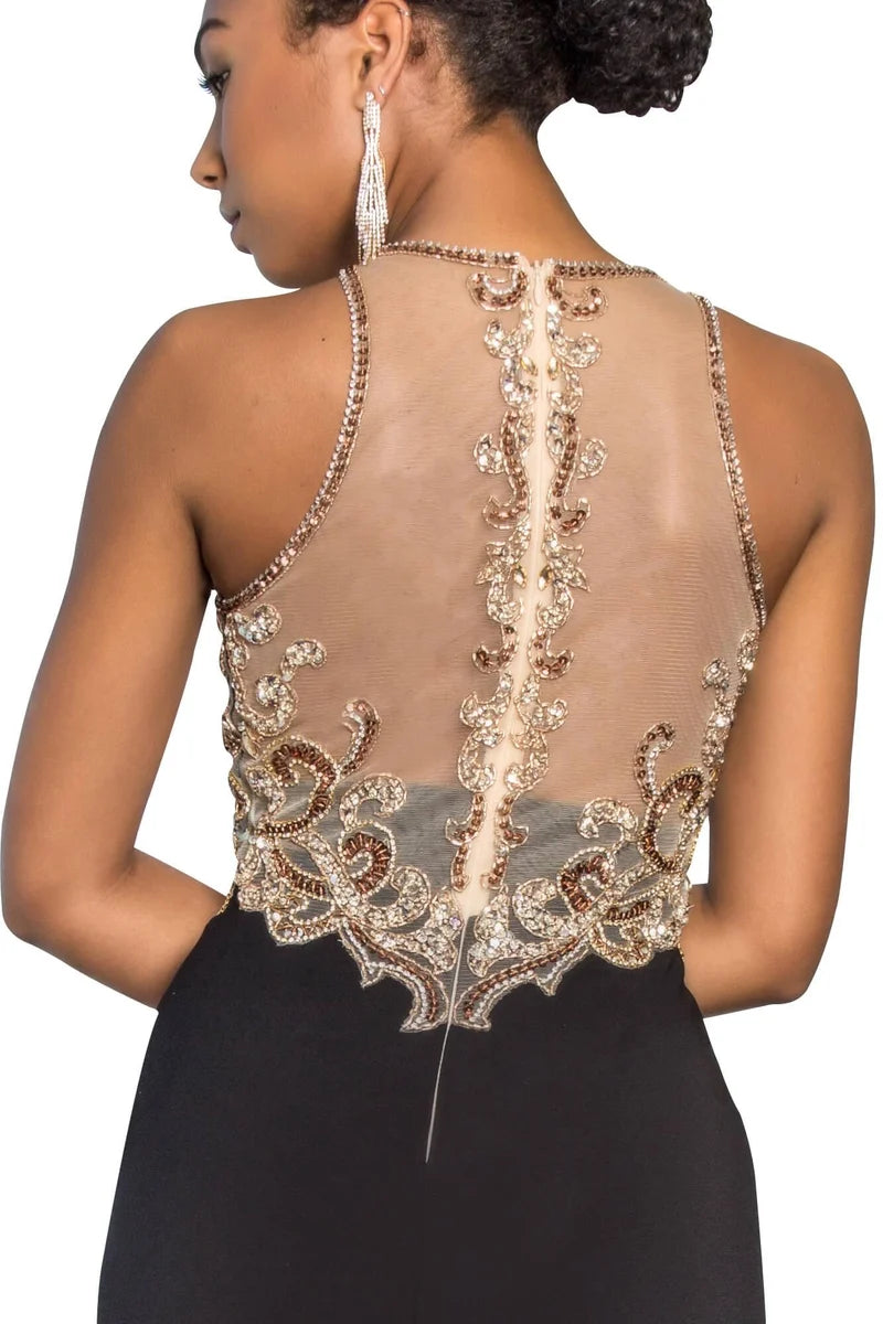 Glamorous Mermaid High-Neck Sleeveless Illusion-Back Floor-Length Evening Dress