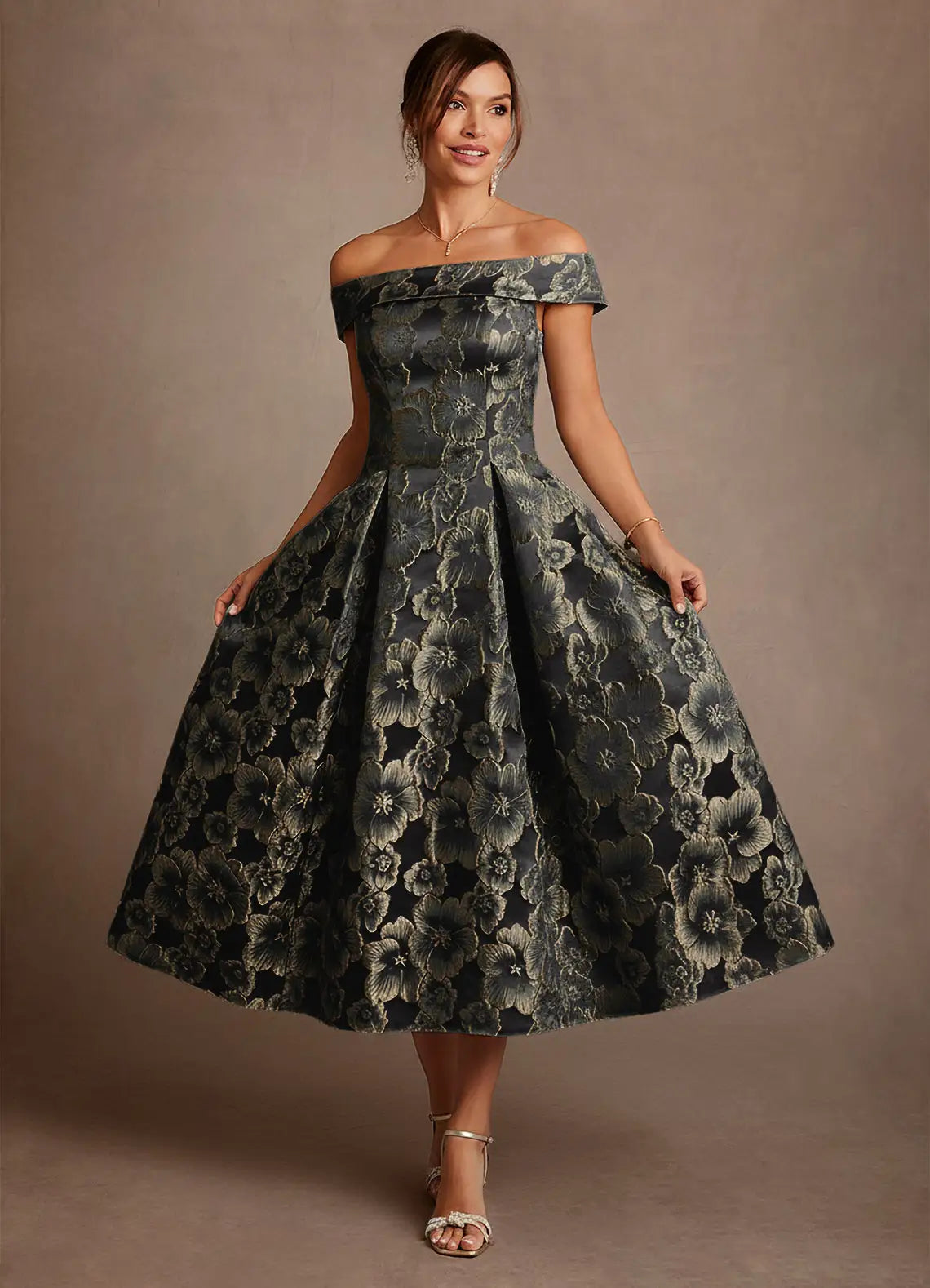 Elegant A-Line Off Shoulder Short Sleeve Zipper Back Midi Mother of the Bride Dress