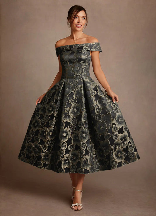 Elegant A-Line Off Shoulder Short Sleeve Zipper Back Midi Mother of the Bride Dress