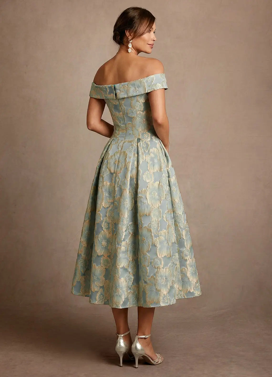 Elegant A-Line Off Shoulder Short Sleeve Zipper Back Midi Mother of the Bride Dress