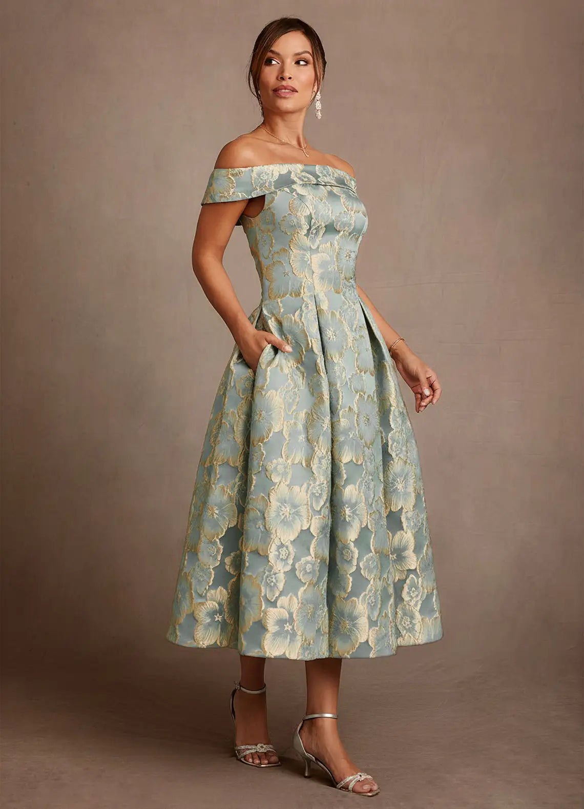 Elegant A-Line Off Shoulder Short Sleeve Zipper Back Midi Mother of the Bride Dress