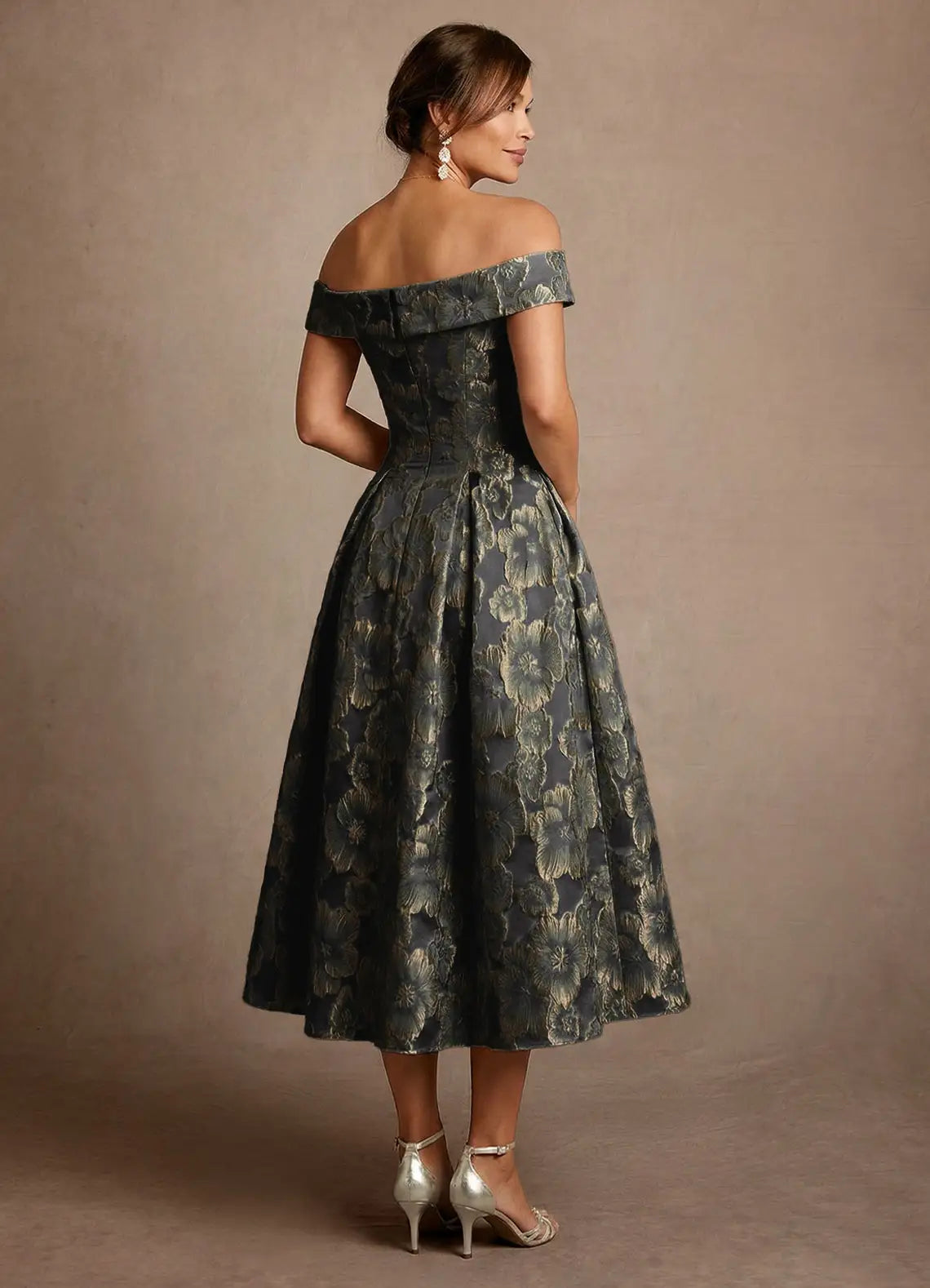 Elegant A-Line Off Shoulder Short Sleeve Zipper Back Midi Mother of the Bride Dress