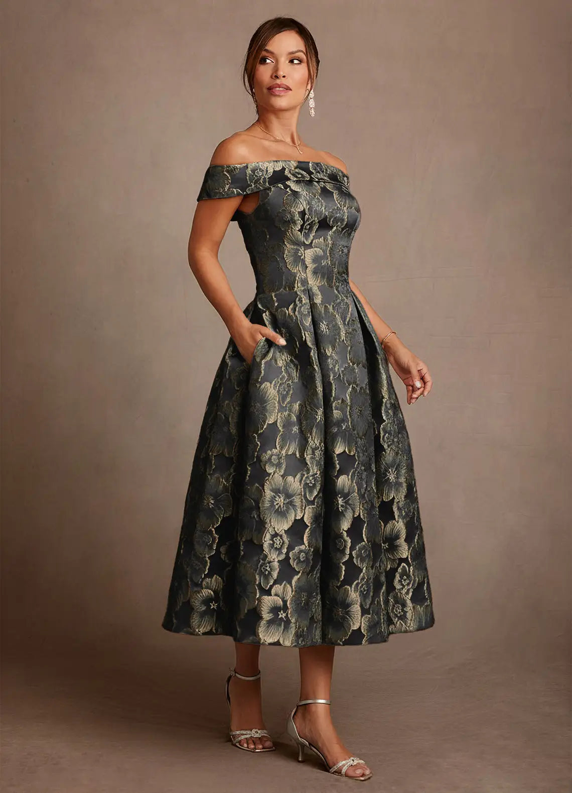 Elegant A-Line Off Shoulder Short Sleeve Zipper Back Midi Mother of the Bride Dress