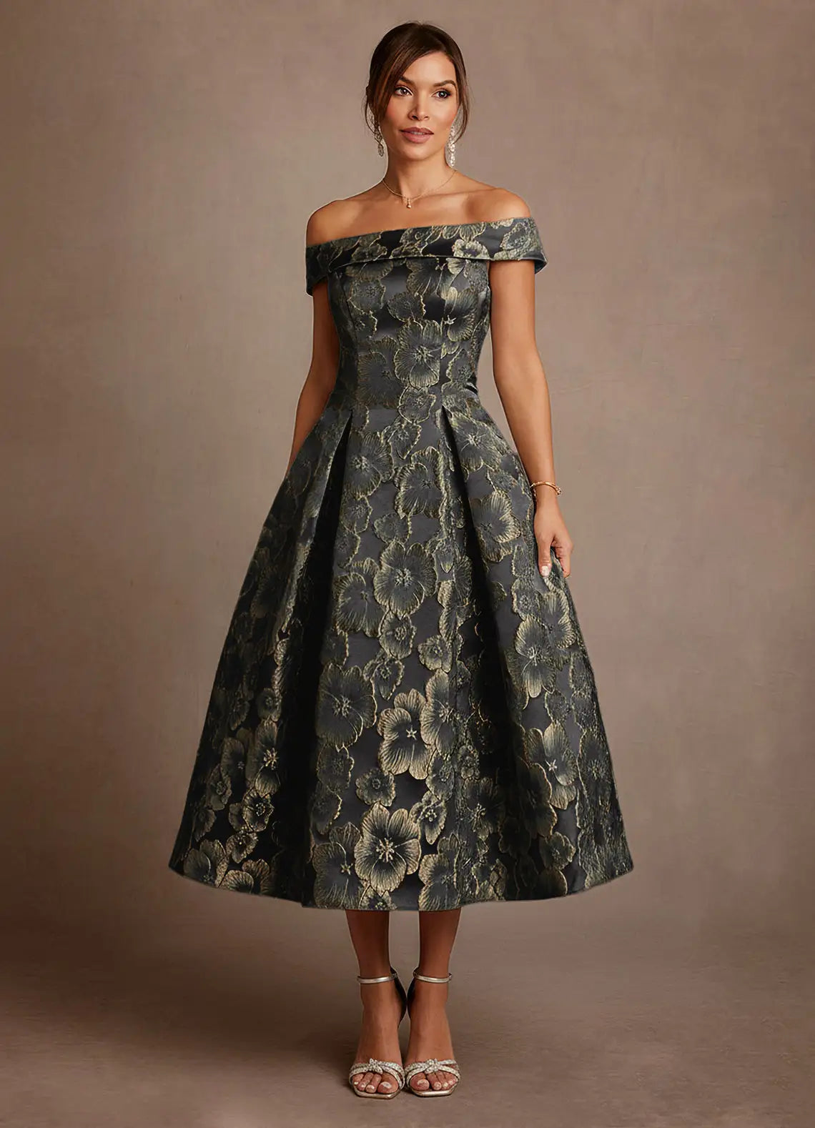 Elegant A-Line Off Shoulder Short Sleeve Zipper Back Midi Mother of the Bride Dress
