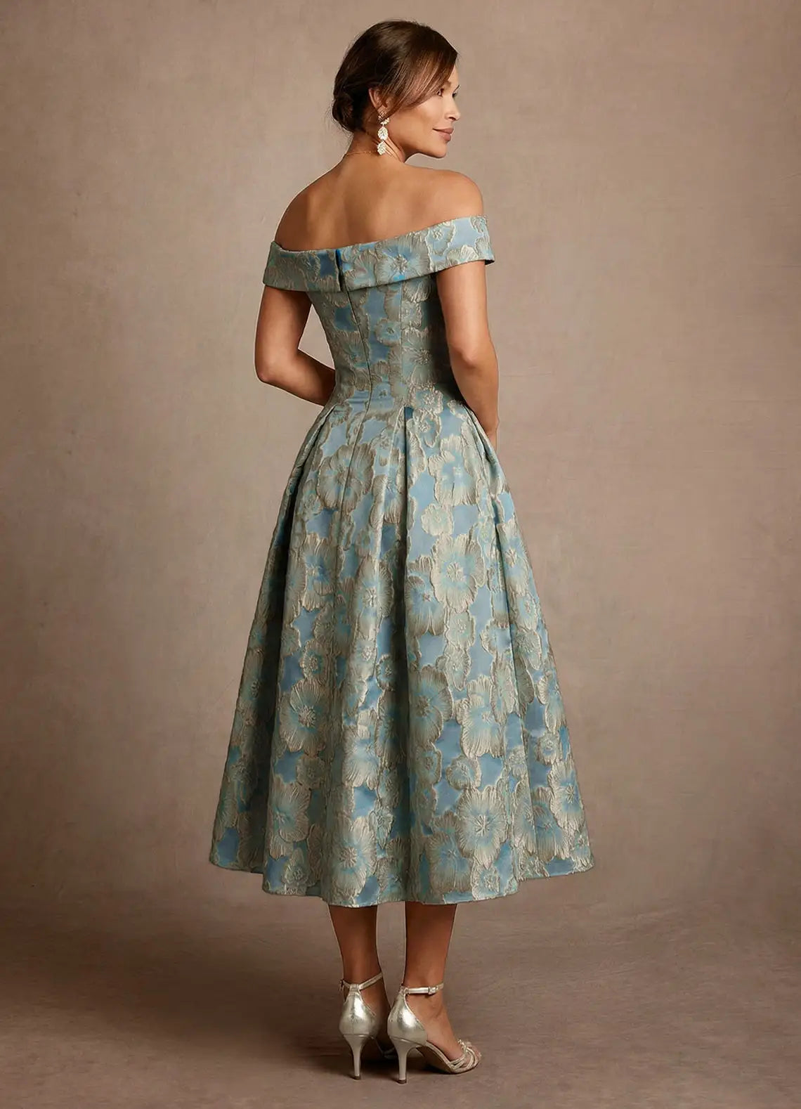 Elegant A-Line Off Shoulder Short Sleeve Zipper Back Midi Mother of the Bride Dress