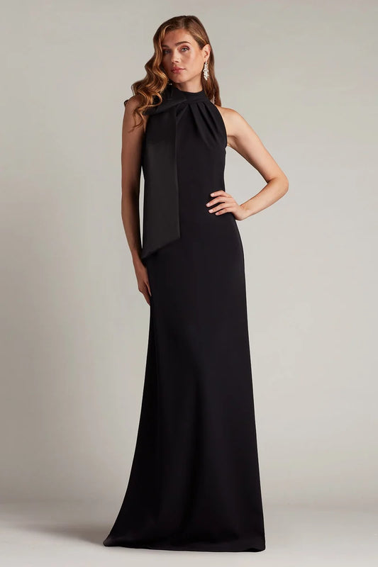 Loverlm black halter evening dress with statement bow neckline sleeveless column silhouette and floor-length hem