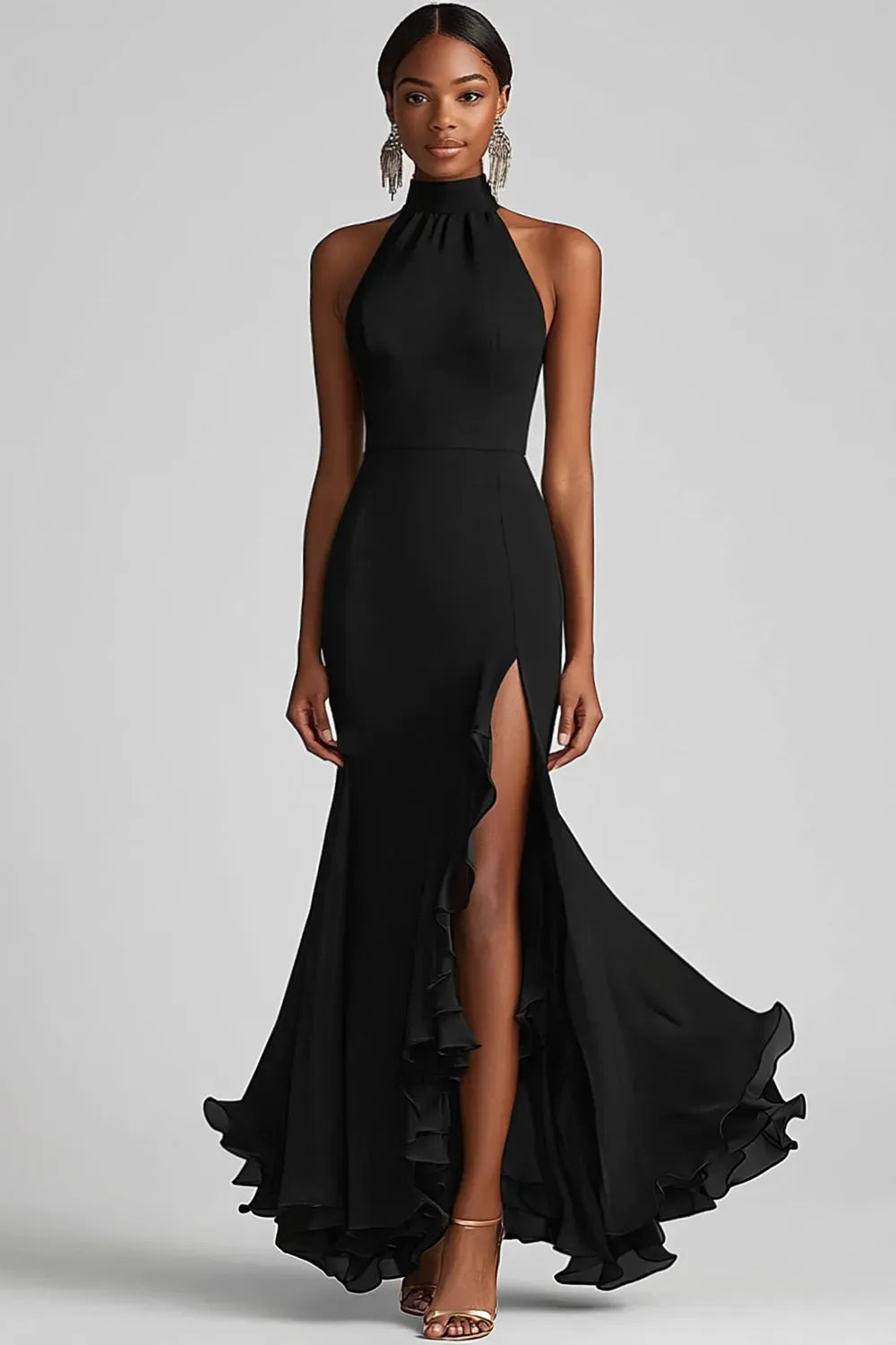 Loverlm black halter sleeveless evening dress with front slit and ruffle trim front view