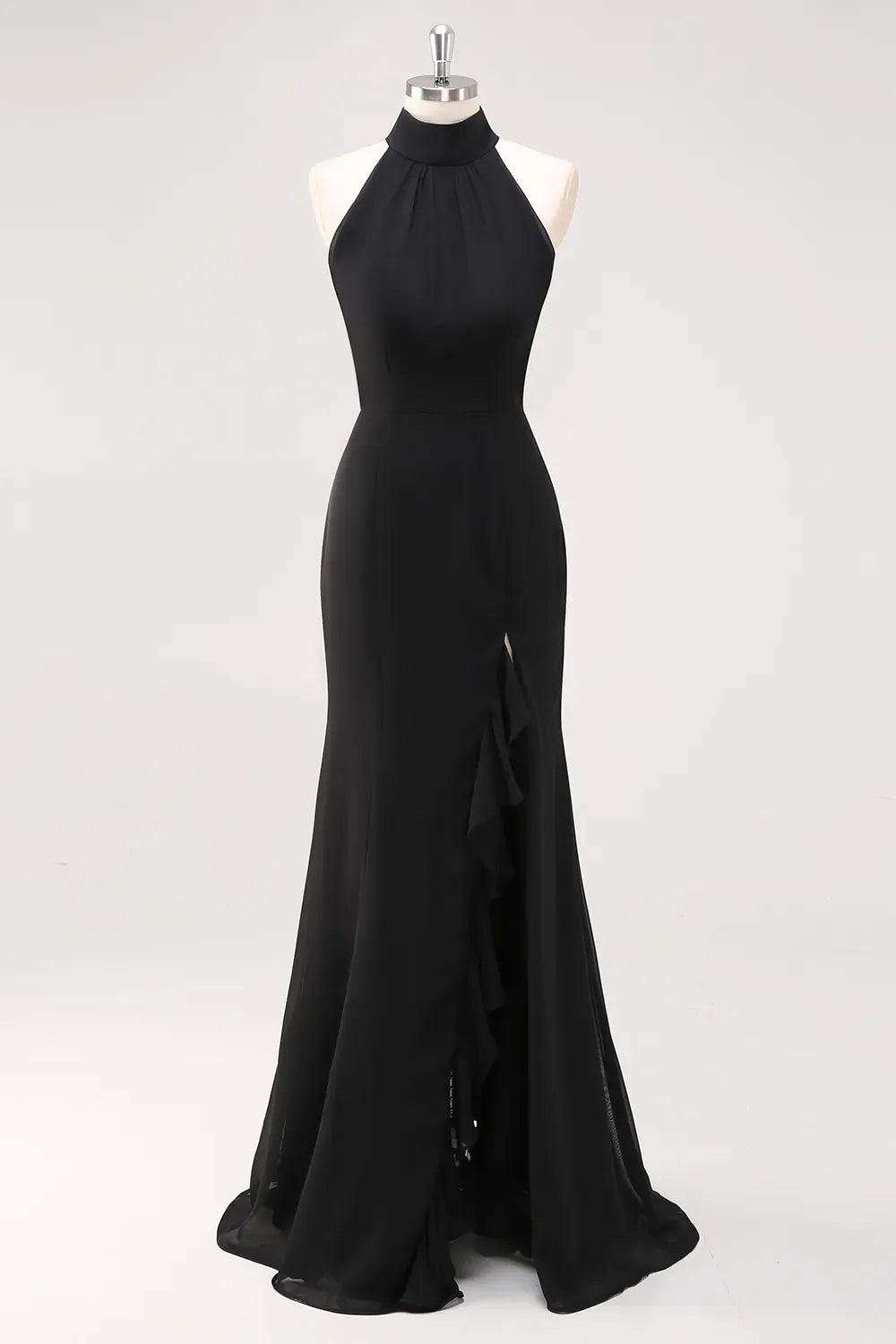 Elegant Mermaid Halter Sleeveless Closed Back Slit Floor Length Evening Dress