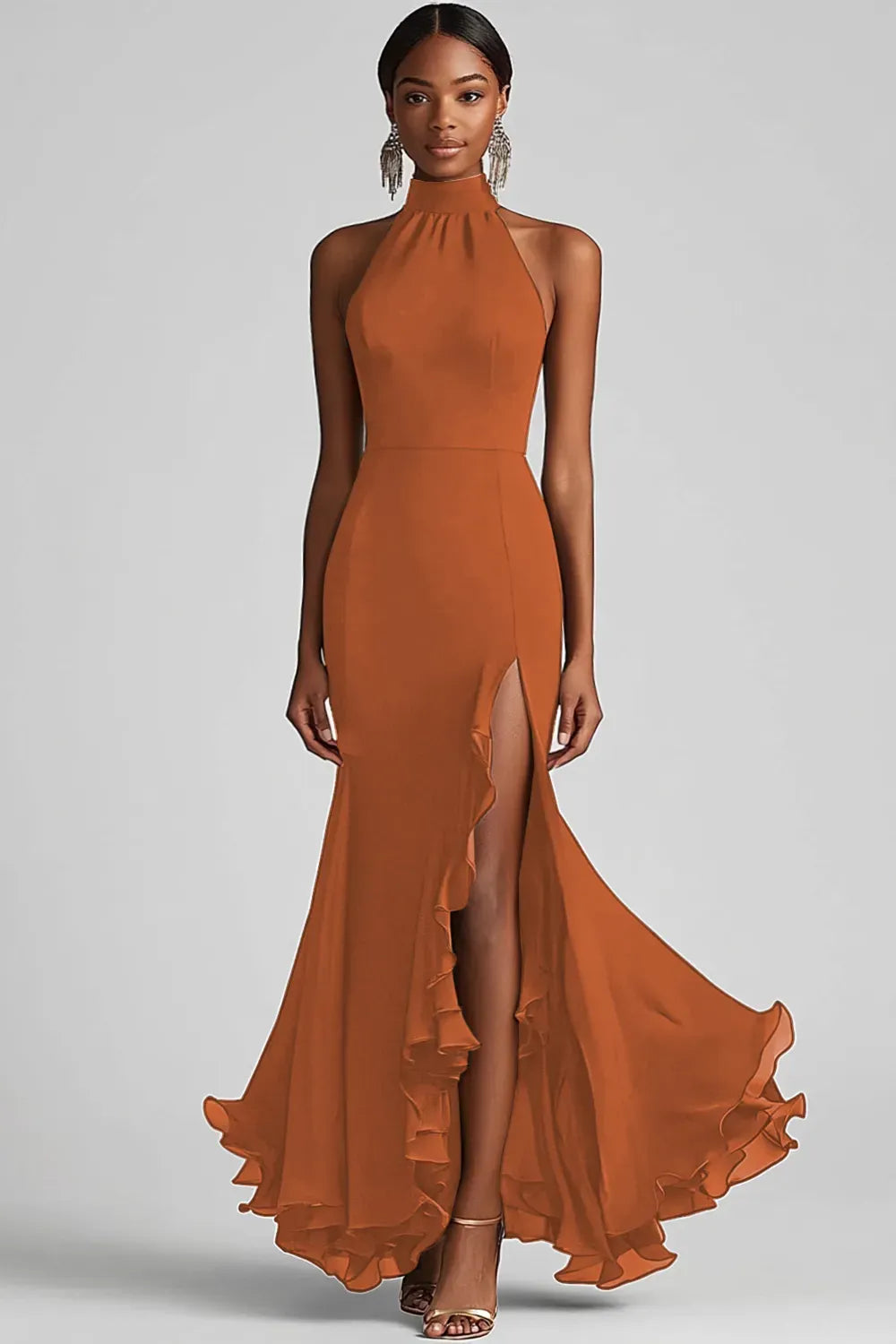Elegant Mermaid Halter Sleeveless Closed Back Slit Floor Length Evening Dress