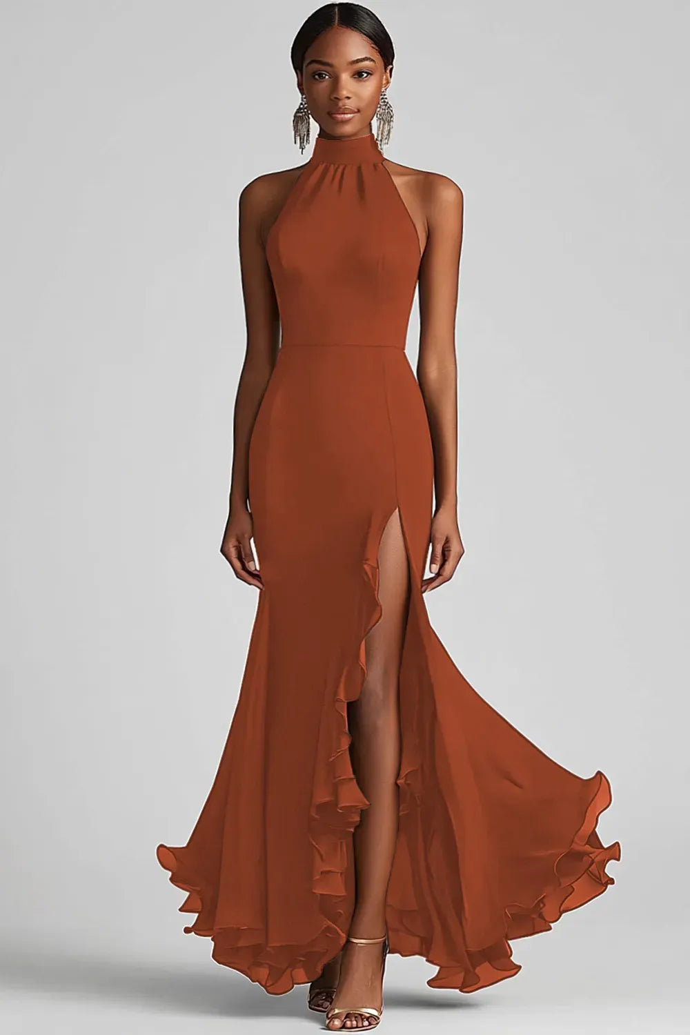 Elegant Mermaid Halter Sleeveless Closed Back Slit Floor Length Evening Dress