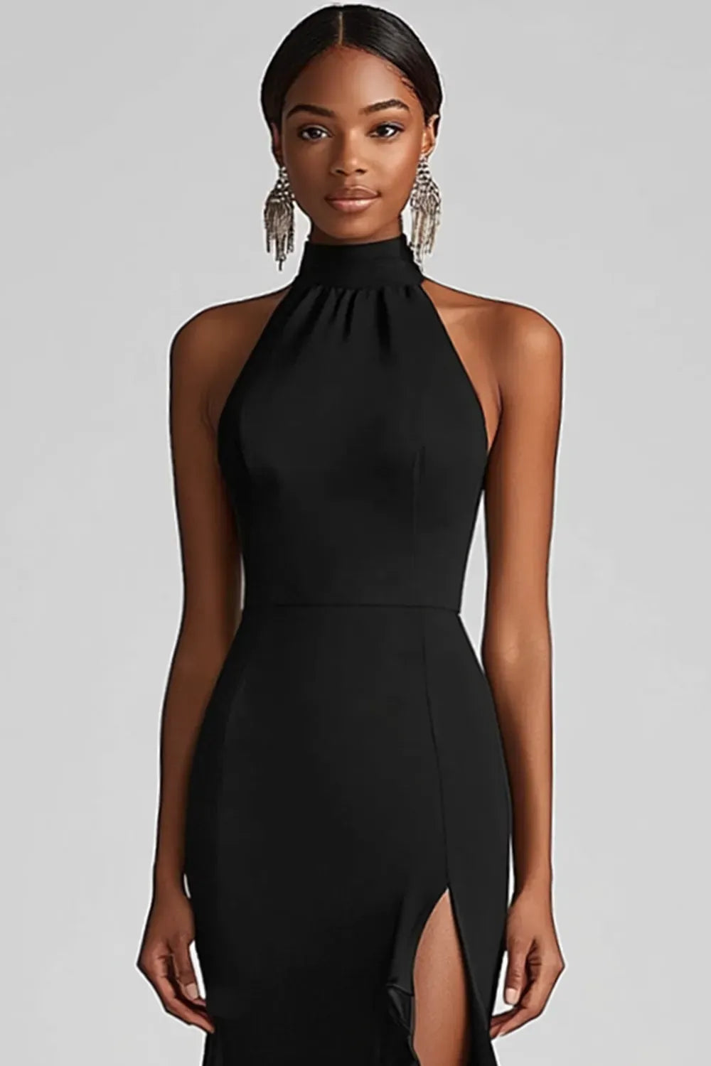 Elegant Mermaid Halter Sleeveless Closed Back Slit Floor Length Evening Dress