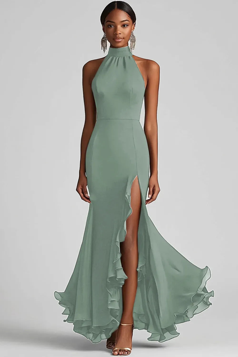Elegant Mermaid Halter Sleeveless Closed Back Slit Floor Length Evening Dress