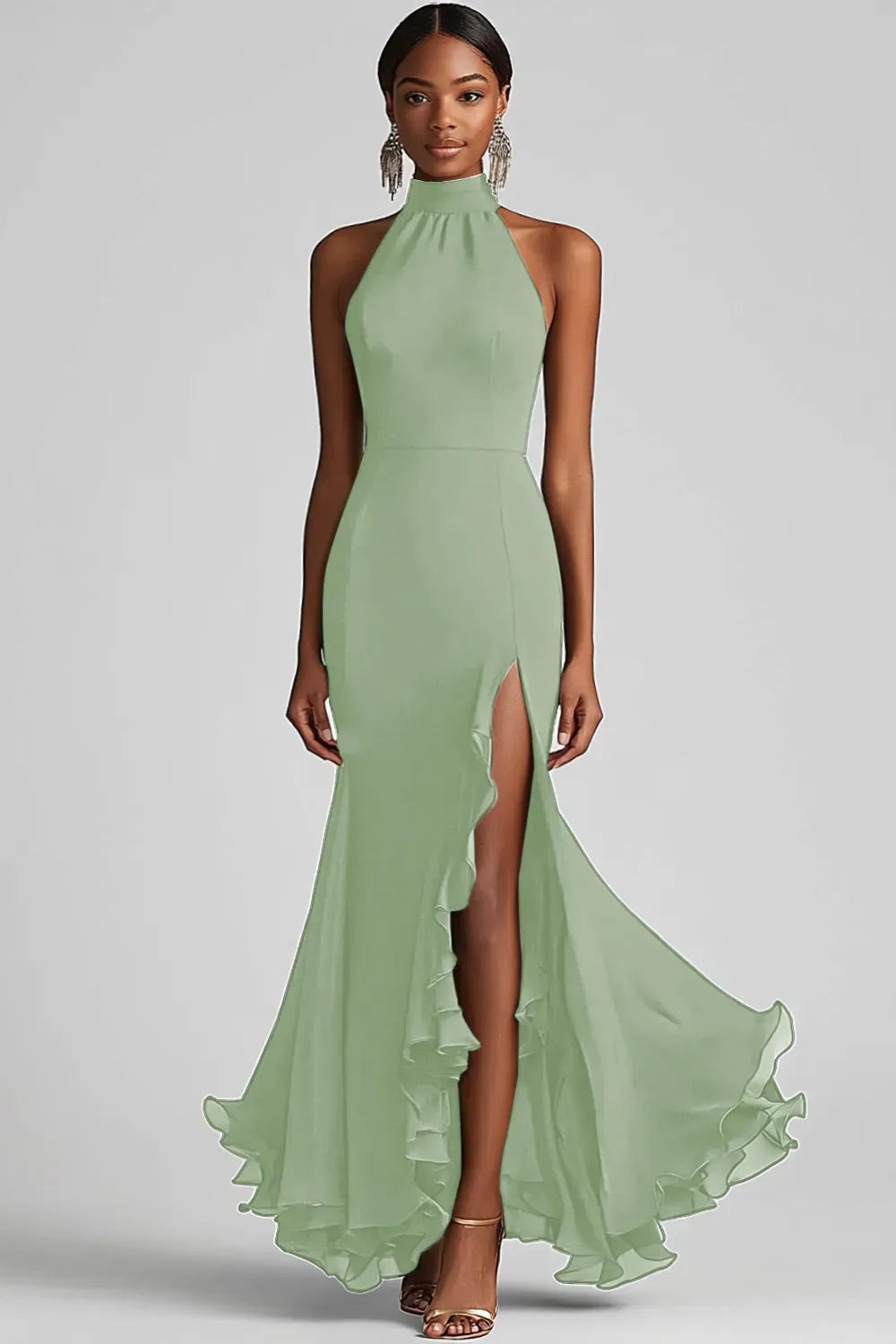 Elegant Mermaid Halter Sleeveless Closed Back Slit Floor Length Evening Dress