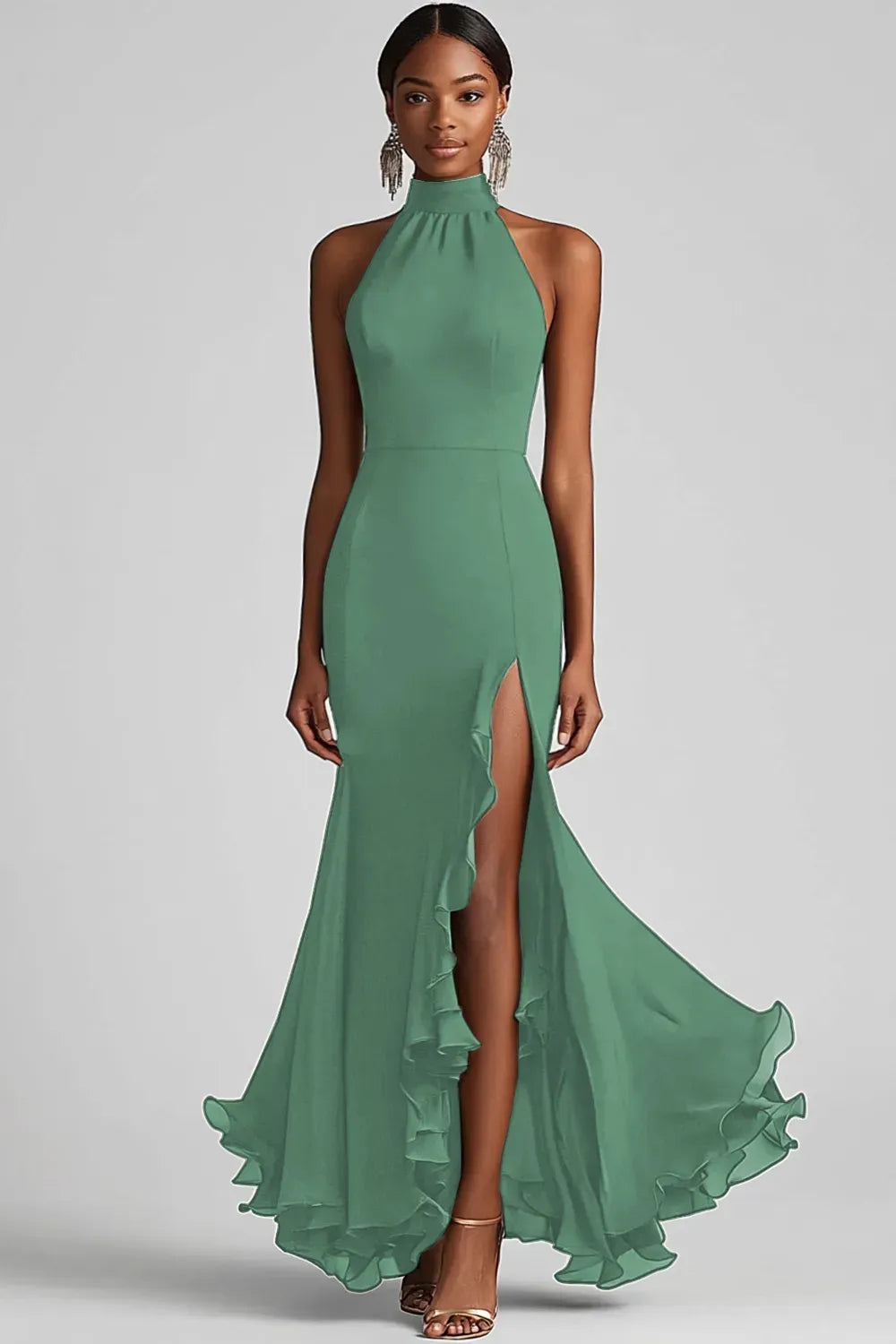 Elegant Mermaid Halter Sleeveless Closed Back Slit Floor Length Evening Dress