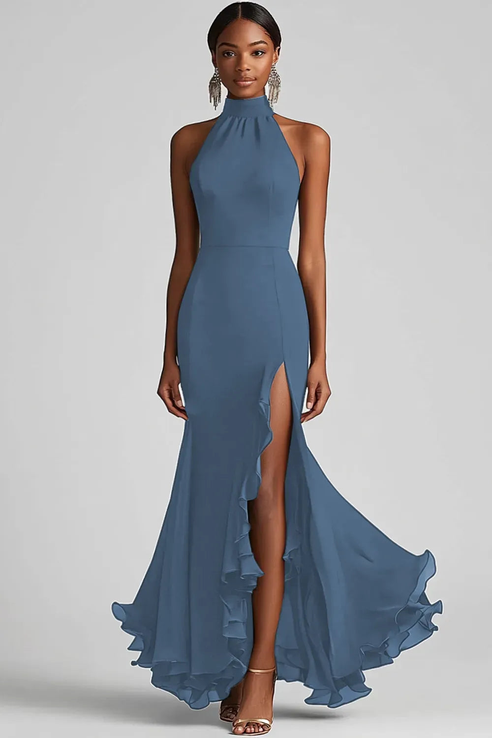 Elegant Mermaid Halter Sleeveless Closed Back Slit Floor Length Evening Dress