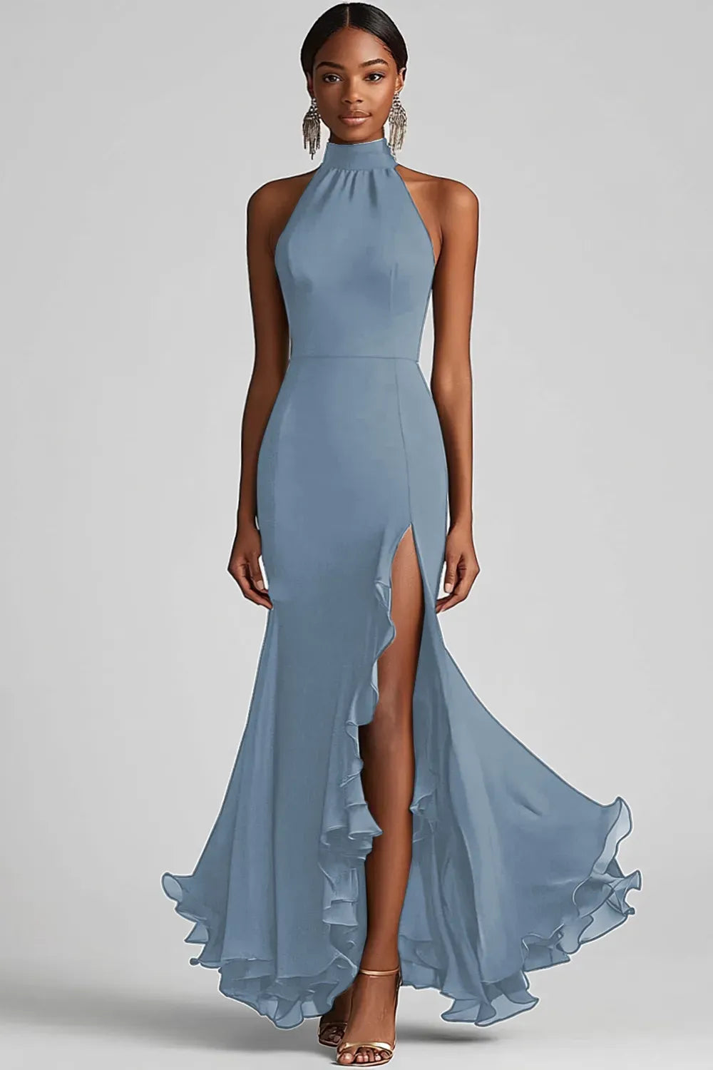 Elegant Mermaid Halter Sleeveless Closed Back Slit Floor Length Evening Dress