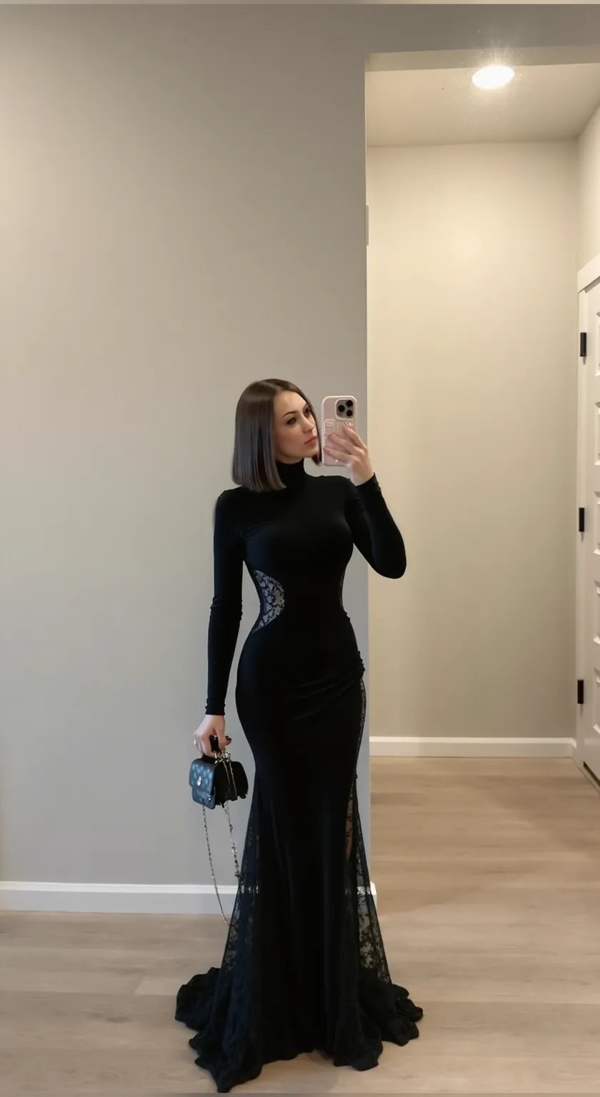 Elegant Mermaid High Neck Long Sleeve Closed Back Floor Length Evening Dress