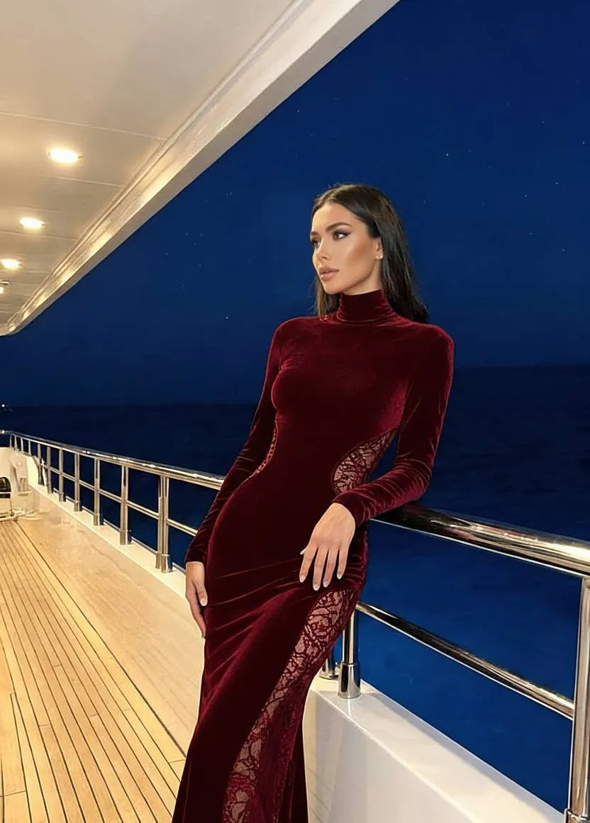 Elegant Mermaid High Neck Long Sleeve Closed Back Floor Length Evening Dress
