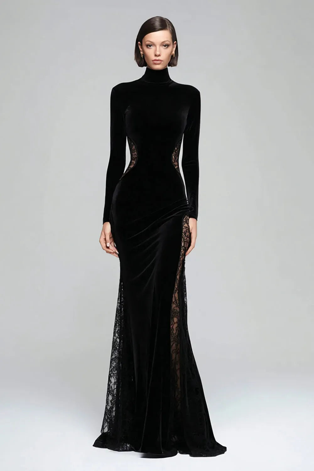 Elegant Mermaid High Neck Long Sleeve Closed Back Floor Length Evening Dress