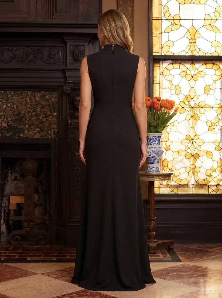 Elegant A-Line High-Neck Sleeveless Pleated Floor-Length Mother of the Bride Dress