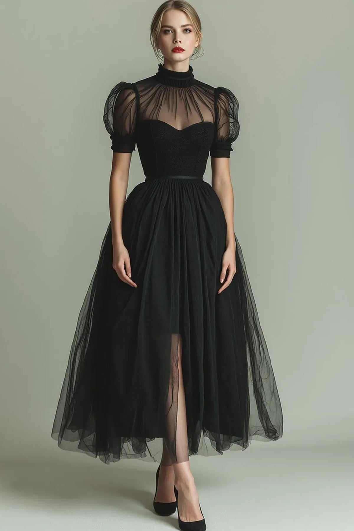 Loverlm black tulle midi cocktail dress with high illusion neckline, sheer puff sleeves, sweetheart bodice and full A-line skirt front view
