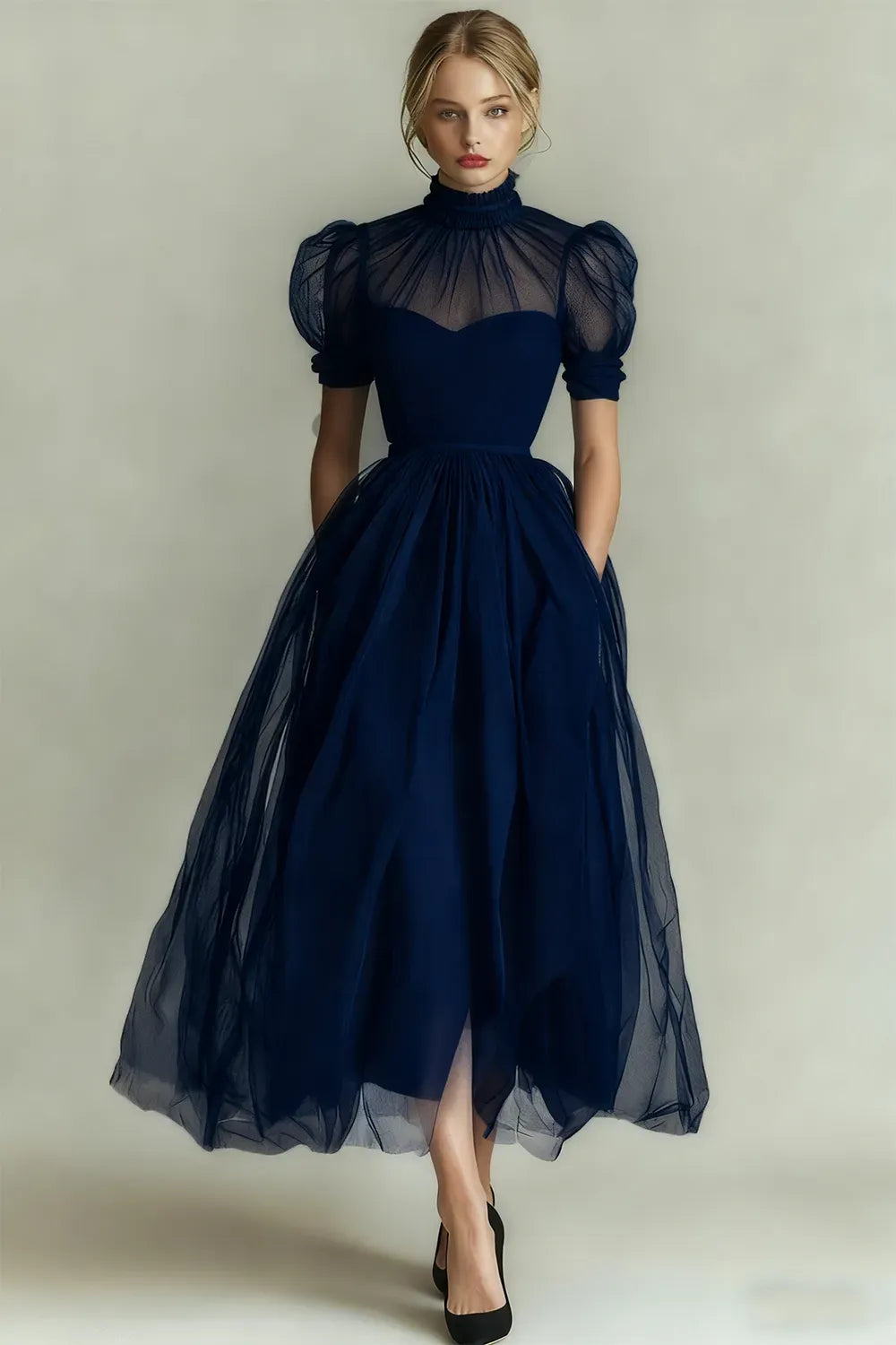 Elegant Black A-Line High-Neck Puff-Sleeve Illusion-Back Tulle Midi Cocktail Dress