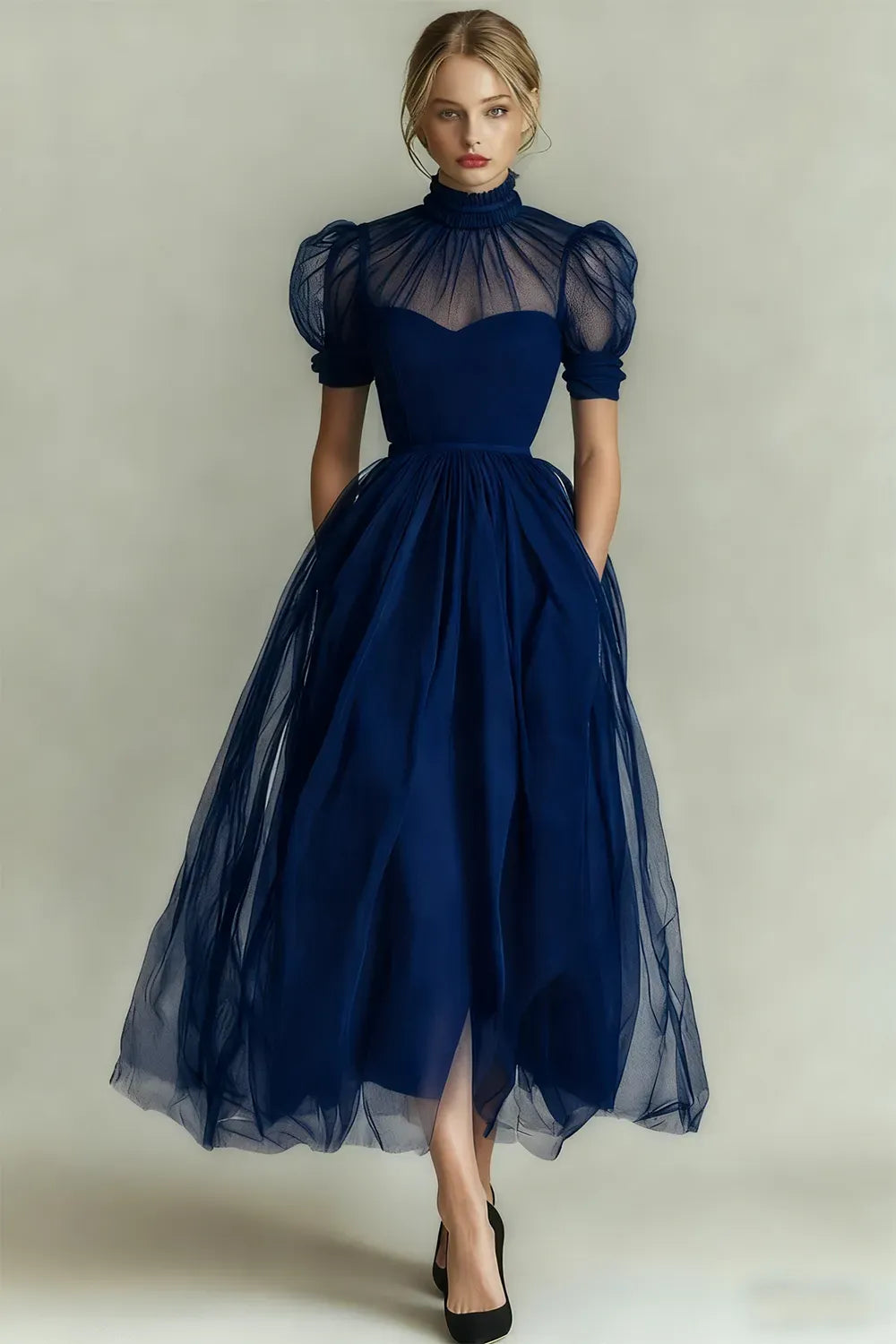 Elegant Black A-Line High-Neck Puff-Sleeve Illusion-Back Tulle Midi Cocktail Dress