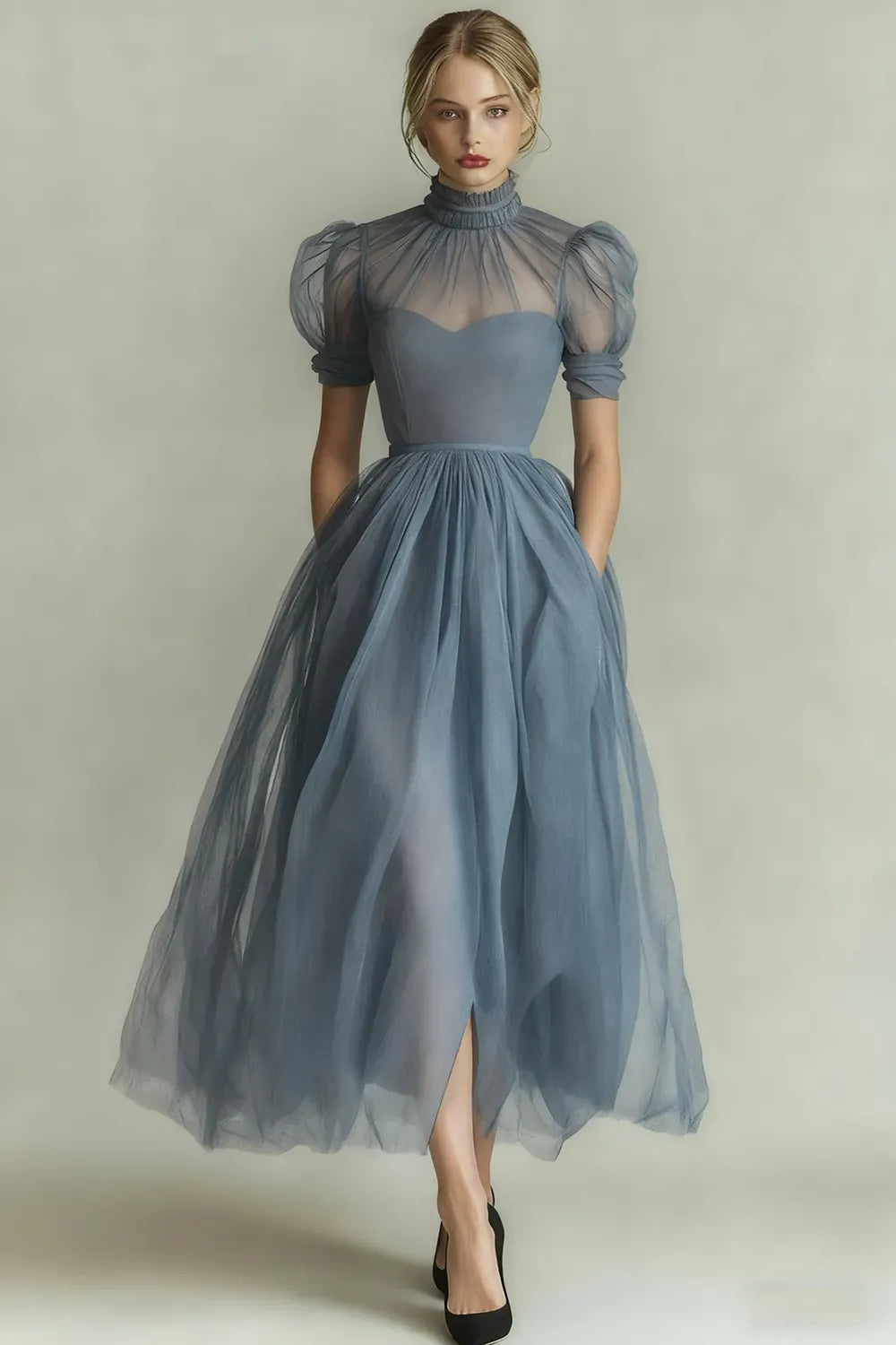 Elegant Black A-Line High-Neck Puff-Sleeve Illusion-Back Tulle Midi Cocktail Dress
