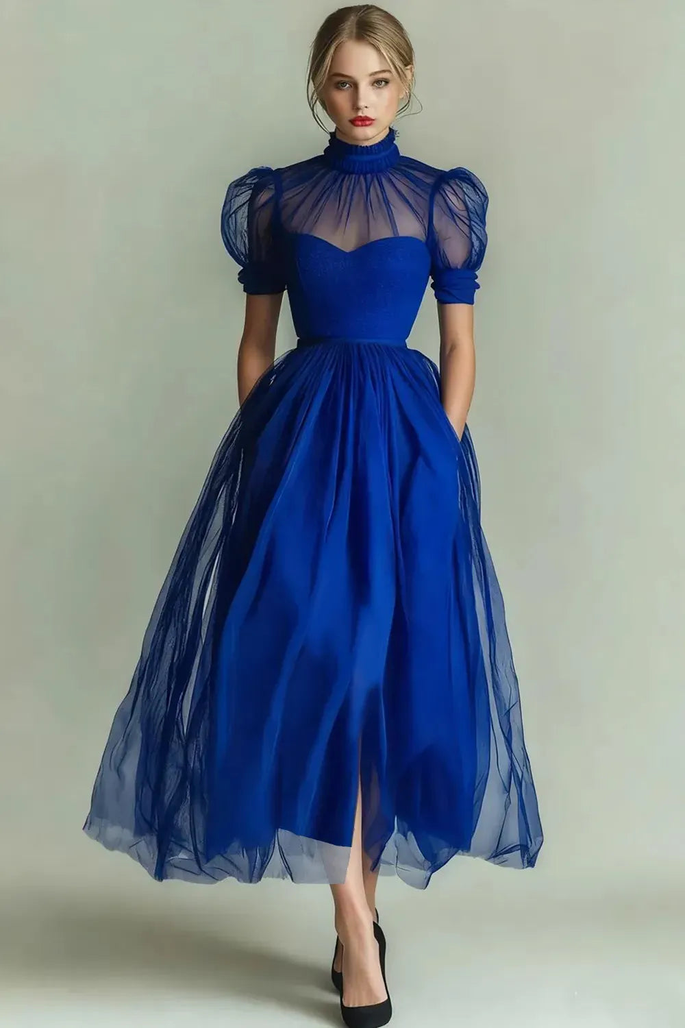 Elegant Black A-Line High-Neck Puff-Sleeve Illusion-Back Tulle Midi Cocktail Dress