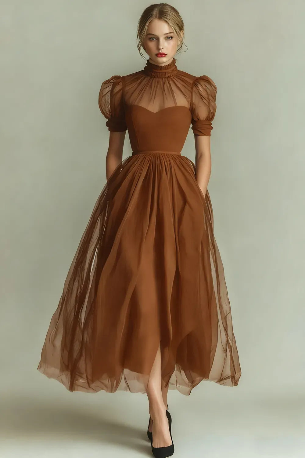 Elegant Black A-Line High-Neck Puff-Sleeve Illusion-Back Tulle Midi Cocktail Dress