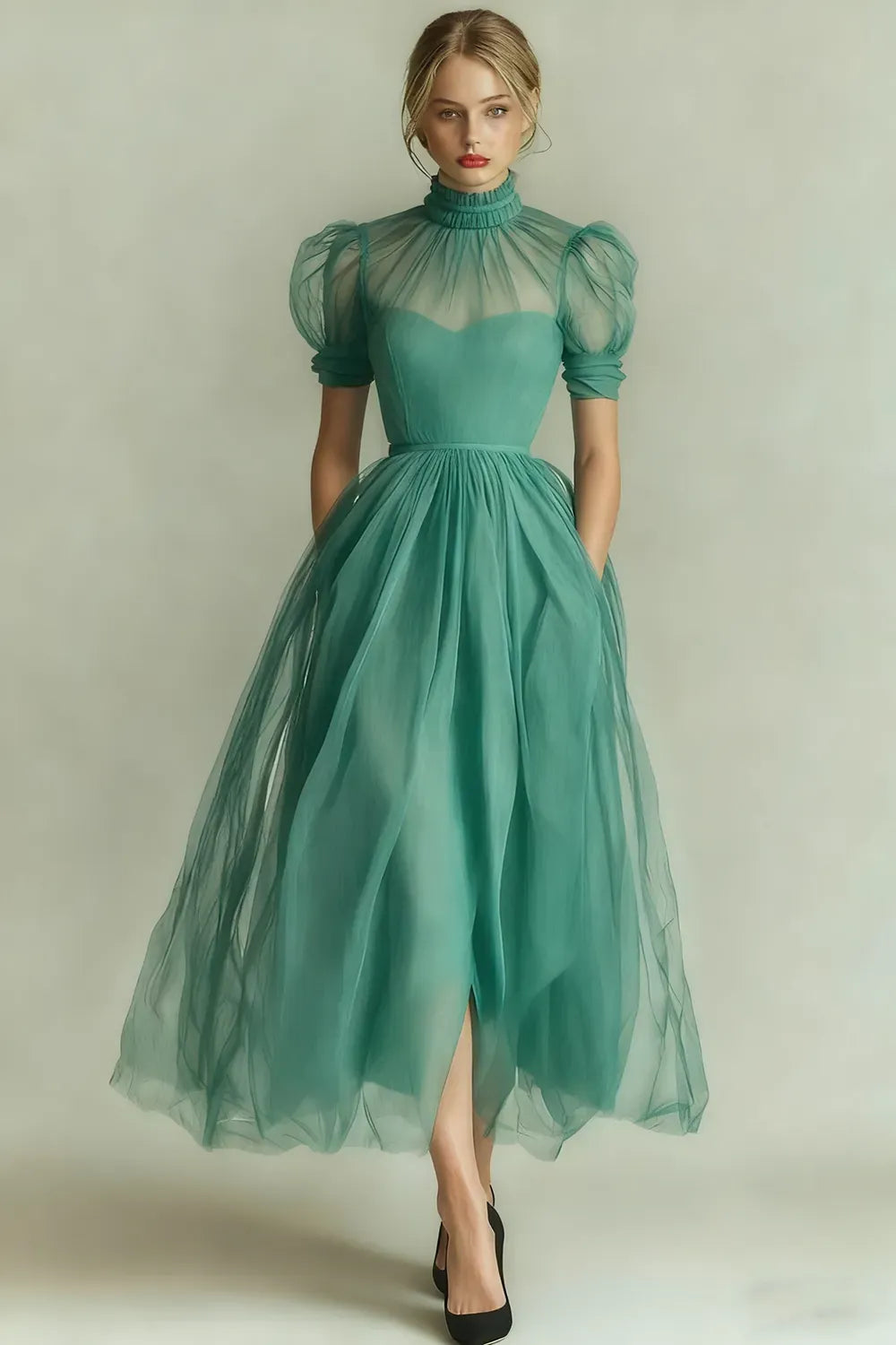 Elegant Black A-Line High-Neck Puff-Sleeve Illusion-Back Tulle Midi Cocktail Dress