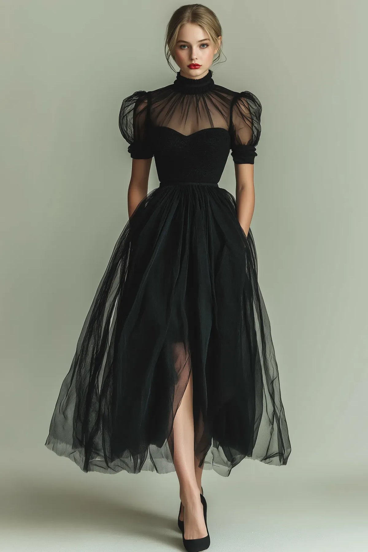 Elegant Black A-Line High-Neck Puff-Sleeve Illusion-Back Tulle Midi Cocktail Dress