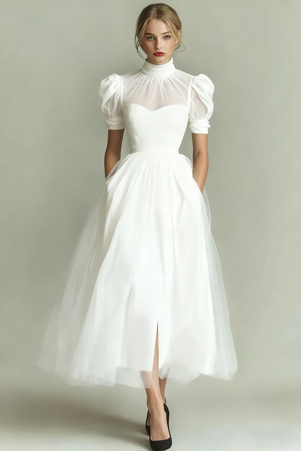 Elegant Black A-Line High-Neck Puff-Sleeve Illusion-Back Tulle Midi Cocktail Dress