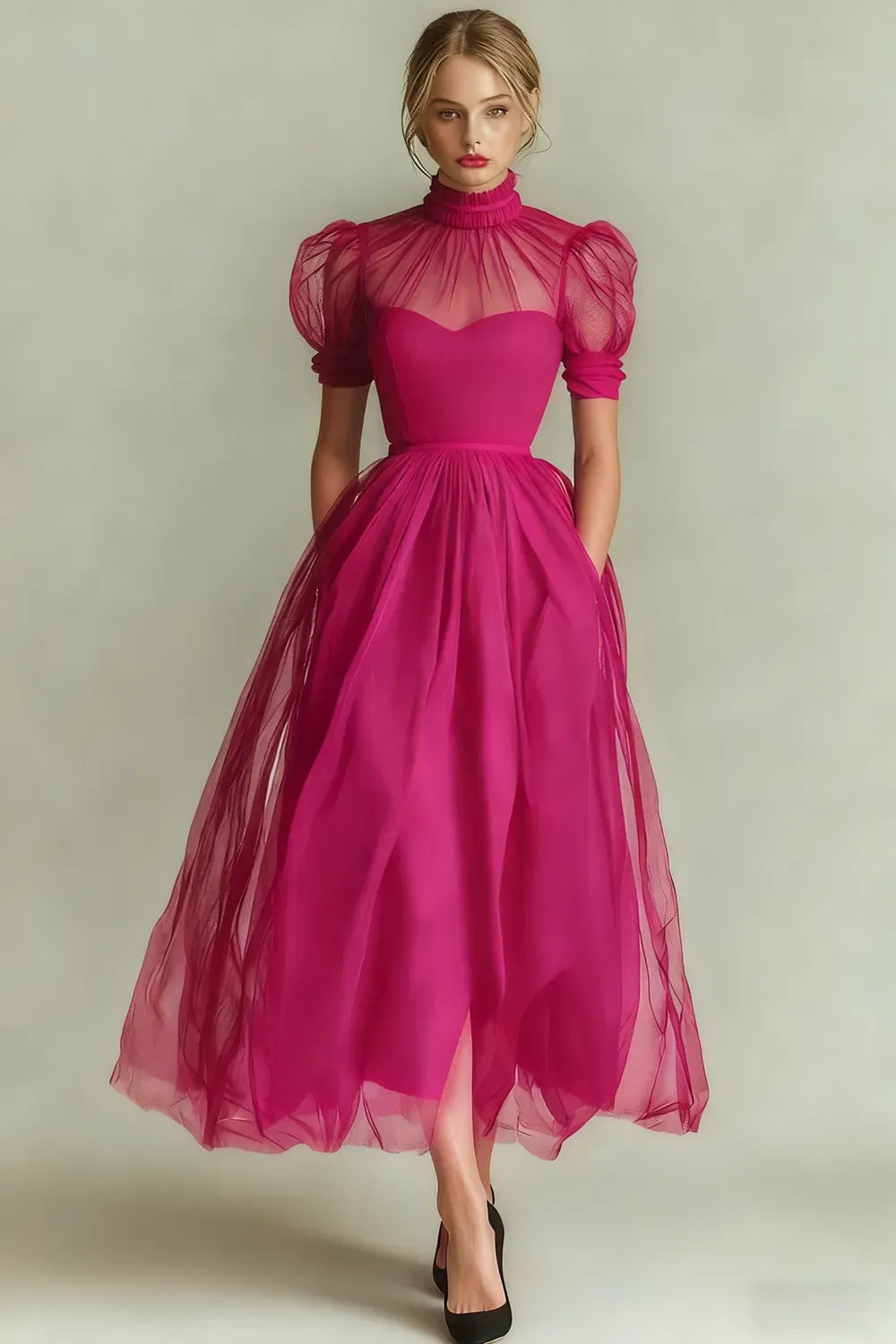 Elegant Black A-Line High-Neck Puff-Sleeve Illusion-Back Tulle Midi Cocktail Dress