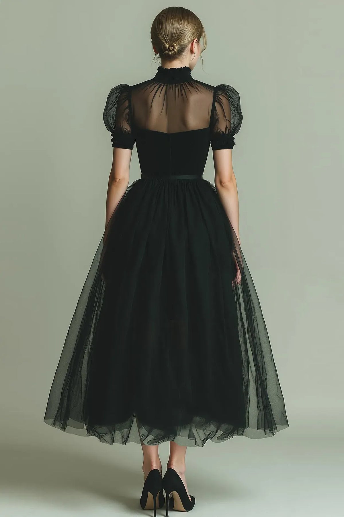 Elegant Black A-Line High-Neck Puff-Sleeve Illusion-Back Tulle Midi Cocktail Dress