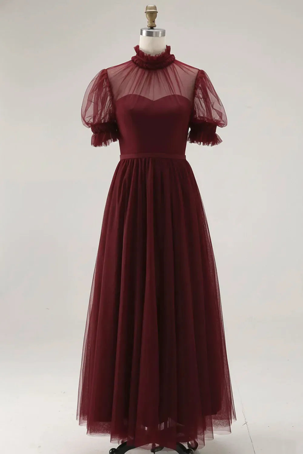 Elegant Black A-Line High-Neck Puff-Sleeve Illusion-Back Tulle Midi Cocktail Dress