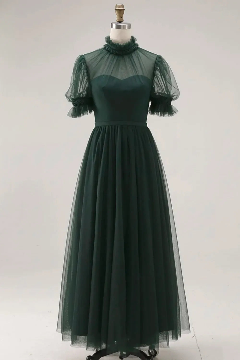 Elegant Black A-Line High-Neck Puff-Sleeve Illusion-Back Tulle Midi Cocktail Dress
