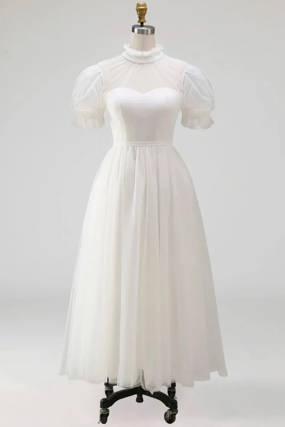 Elegant Black A-Line High-Neck Puff-Sleeve Illusion-Back Tulle Midi Cocktail Dress
