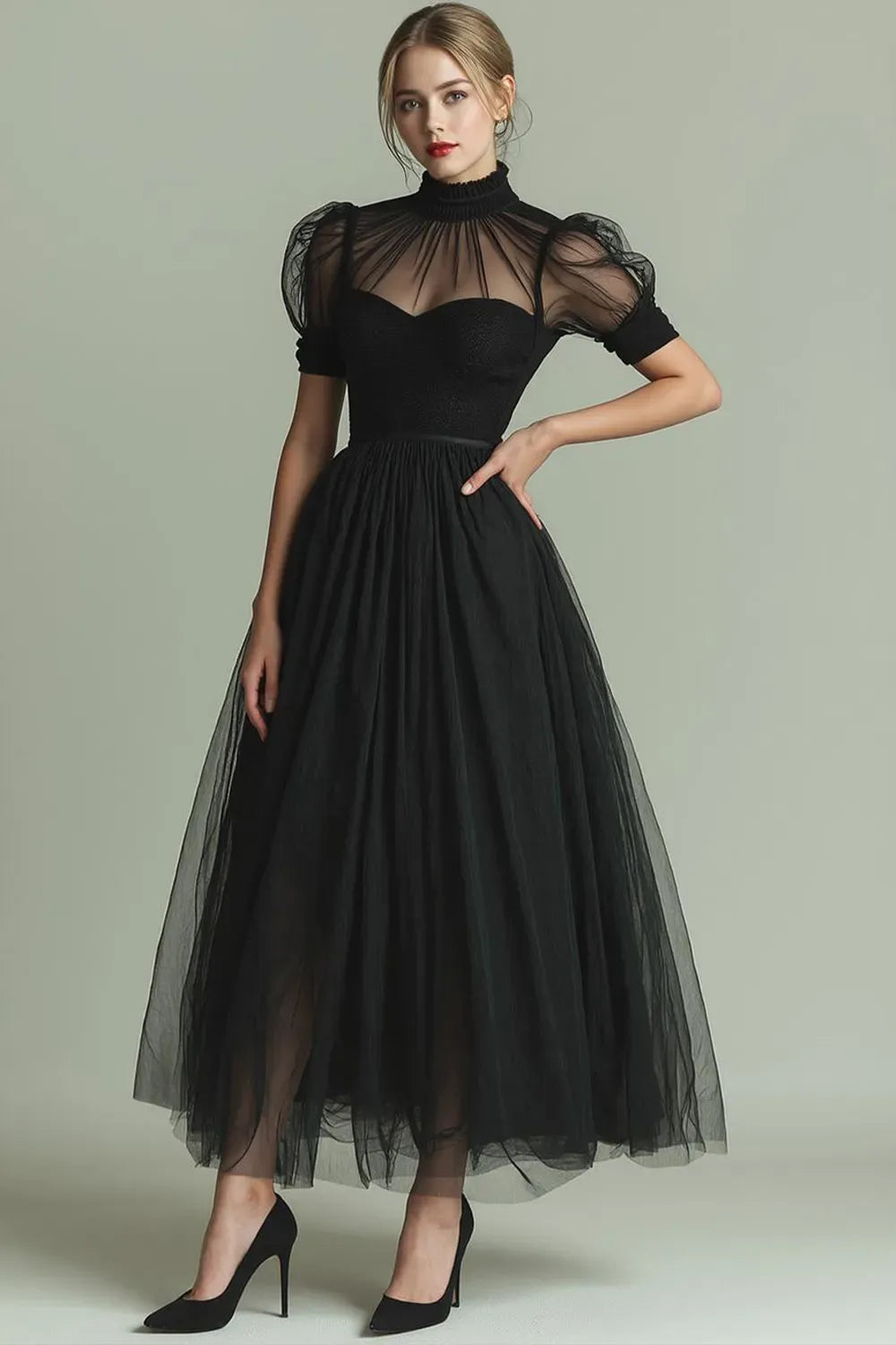 Elegant Black A-Line High-Neck Puff-Sleeve Illusion-Back Tulle Midi Cocktail Dress