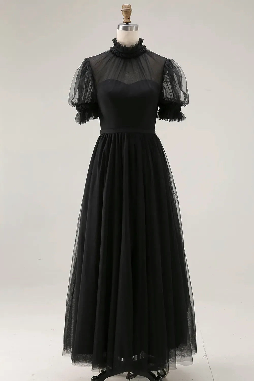 Elegant Black A-Line High-Neck Puff-Sleeve Illusion-Back Tulle Midi Cocktail Dress