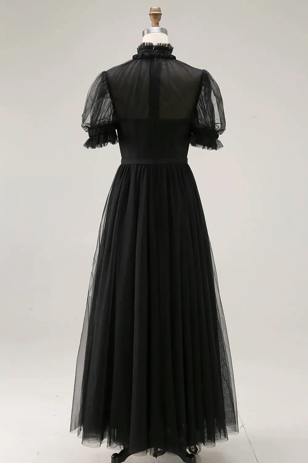 Elegant Black A-Line High-Neck Puff-Sleeve Illusion-Back Tulle Midi Cocktail Dress