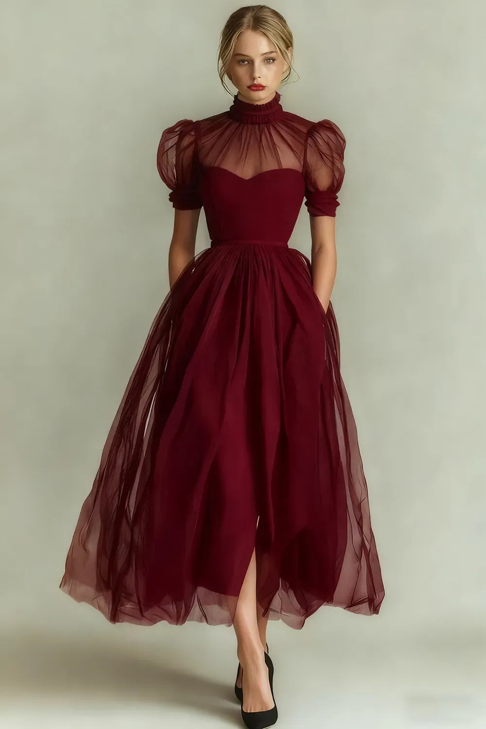 Elegant Black A-Line High-Neck Puff-Sleeve Illusion-Back Tulle Midi Cocktail Dress