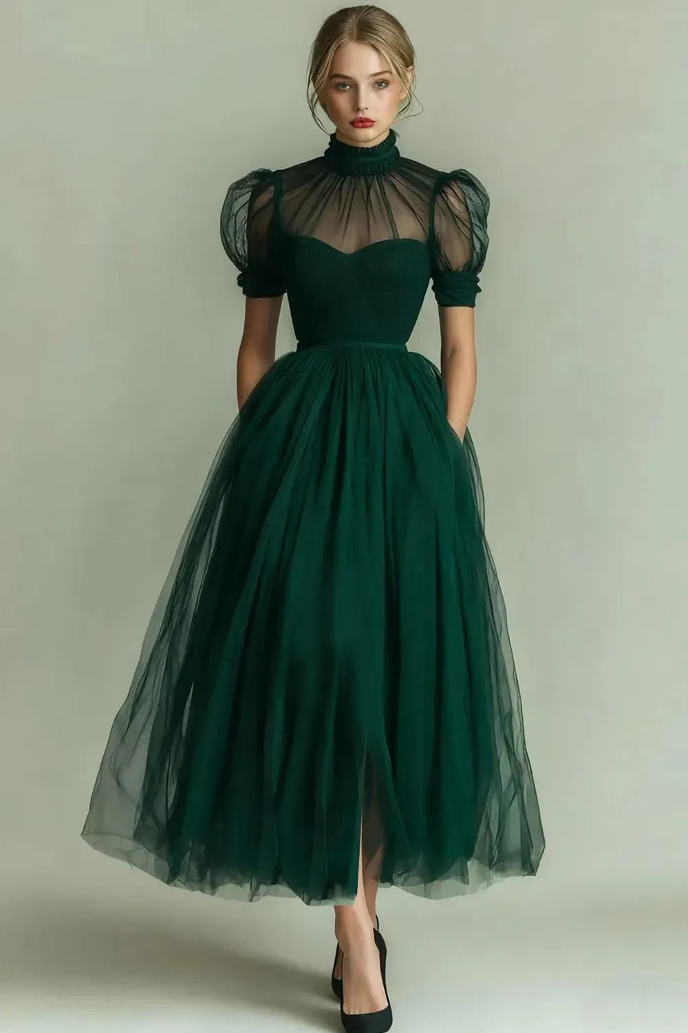 Elegant Black A-Line High-Neck Puff-Sleeve Illusion-Back Tulle Midi Cocktail Dress
