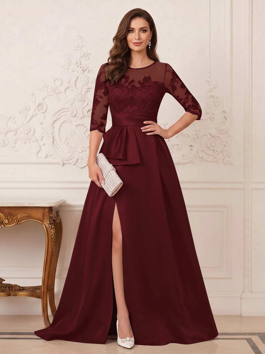 Elegant A-Line Illusion-Neck Three-Quarter-Sleeve Zip-Back Floor-Length Mother of the Bride Dress