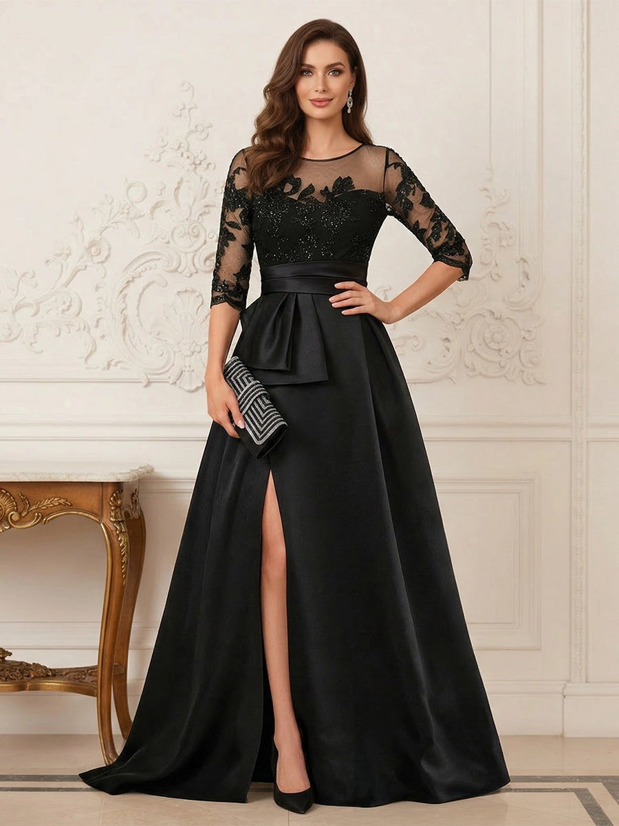 Loverlm black A-line mother of the bride dress with illusion neckline, floral lace sleeves, asymmetrical waist detail and front slit