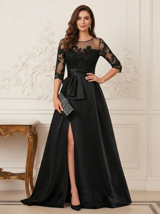 Loverlm black A-line mother of the bride dress with illusion neckline, floral lace sleeves, asymmetrical waist detail and front slit